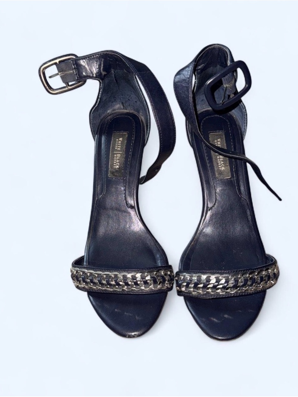 White House Black Market Navy Blue Chain-Trim Ankle-Strap Sandals